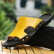 Мужские шлепанцы; летняя пляжная обувь; повседневные мужские шлепанцы; мужские кожаные шлепанцы; высококачественные мягкие мужские шлепанцы; цвет желтый