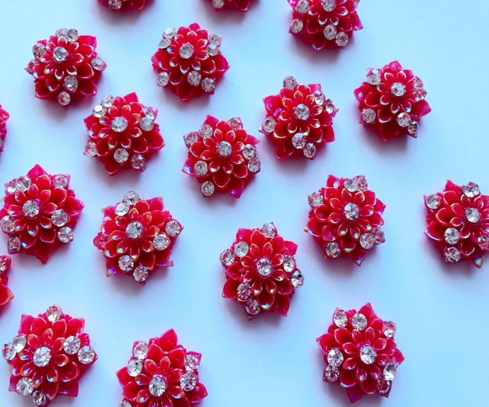 Sew On Resin Crystls Flower Shape 21mm Flatback Red Rhinestones