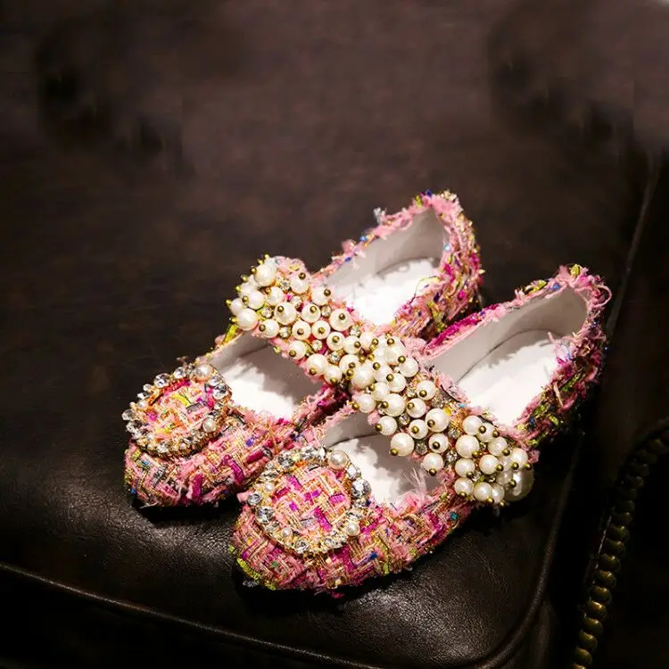 

2018 Shoes Woman Spring Summer Mary Janes Casual Pearls Flats Design Woman Tweed cloth Round Toe Flats Sweet Woman Flats Shoes