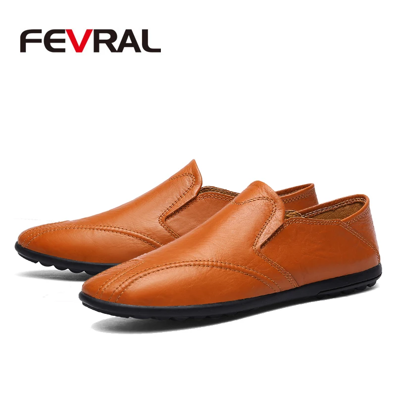 FEVRAL Genuine Leather Men Casual Shoes Luxury Brand Loafers Breathable Slip on Black Driving Shoes Moccasins Size 38~46