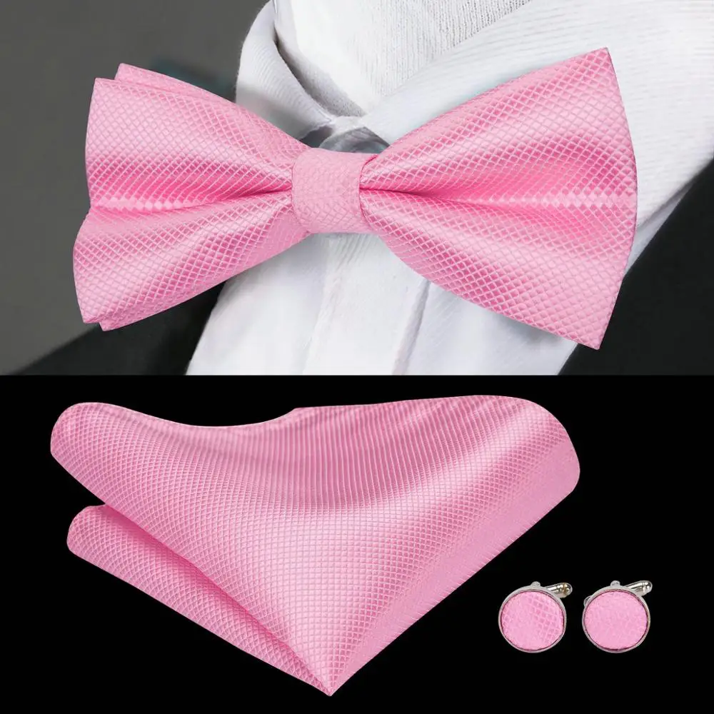 

LF-716 Barry.Wang 2018 Men`s Silk Bowtie Cravat Jacquard Woven Hanky Cufflink Pink Butterfly For Mens Wedding Business Party