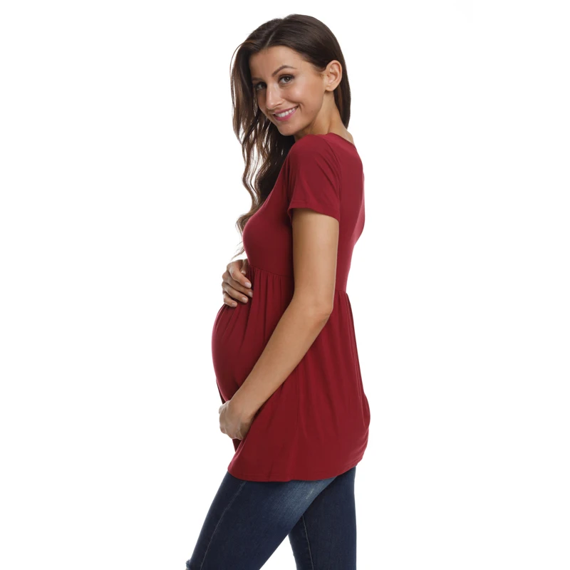 Maternity Tunic Top Short Sleeve Pregnancy Shirt Clothes for women Side Ruching Round Neck Pregnancy Top straps Loose Tops