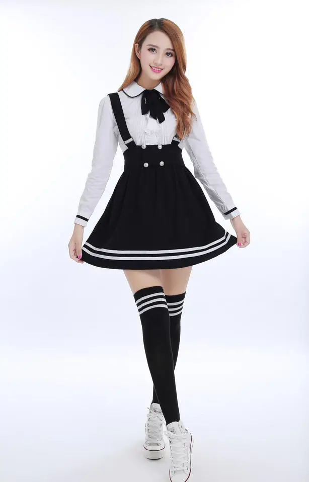 Японская школьная униформа для девочек студентов класса Милая одежда Большие размеры темно-синяя юбка с лямками+ белая рубашка+ чулки 3 шт./компл