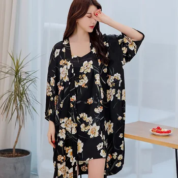 

Japanese Women Silk Night Gown Set Print Bathrobe and Mini Night Dress Full Sleeve Sleep Wear for Women Set Lingeries