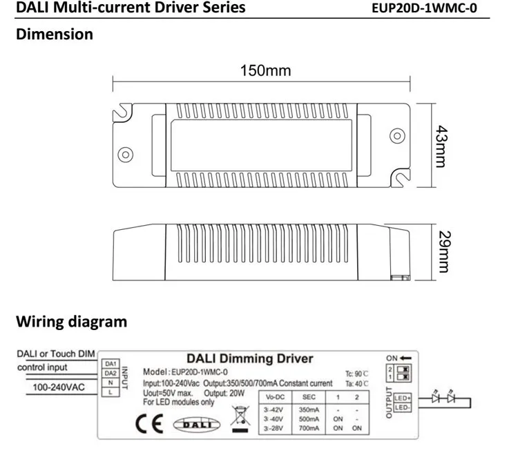 Постоянный ток DALI диммер декодер серии 120-240VAC 350mA/500mA/700mA* 1 канал светодиодная лампа DALI контроллер EUP20D-1WMC-0