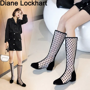 

Shoes Women Black Polka dot Mesh Knee boots women kitten heels Summer Boots female gladiator sandals Square toe botines mujer