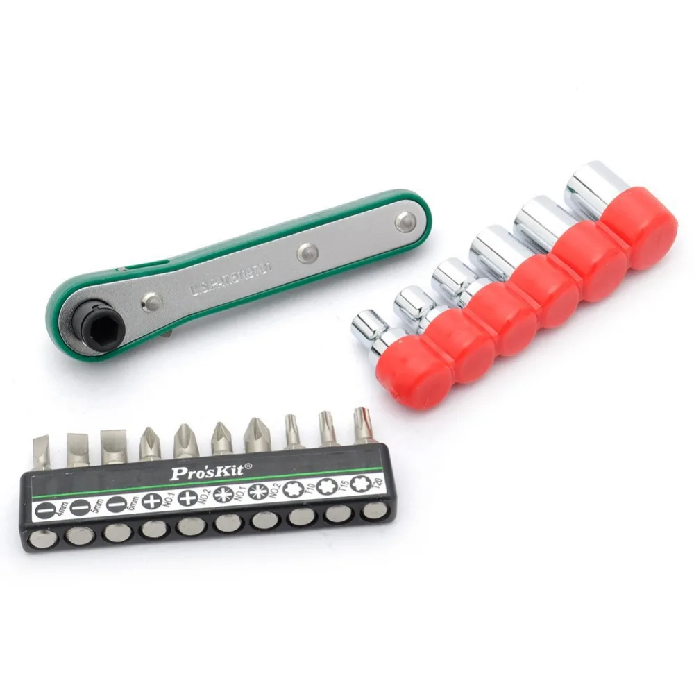 

Pro'sKit 1PK-202B 17PCS Offset Ratchet & Socket Driver Set (Inch Size) Precision Screwdriver Diver Set