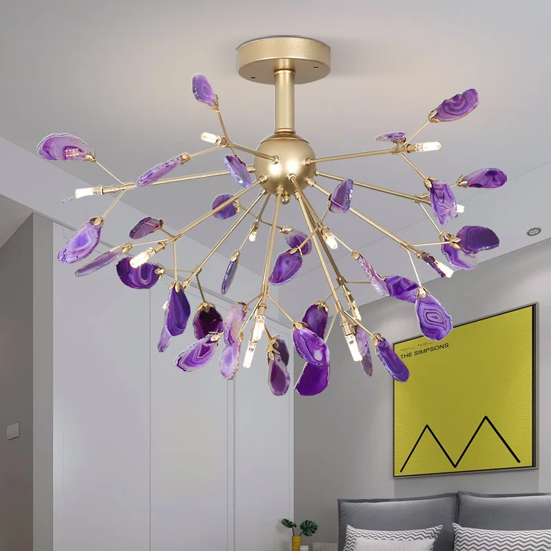 

DIY creative colorful agate chandelier multicoloured natural agate slice chandelier hanging light for foyer dining room G4 bulb