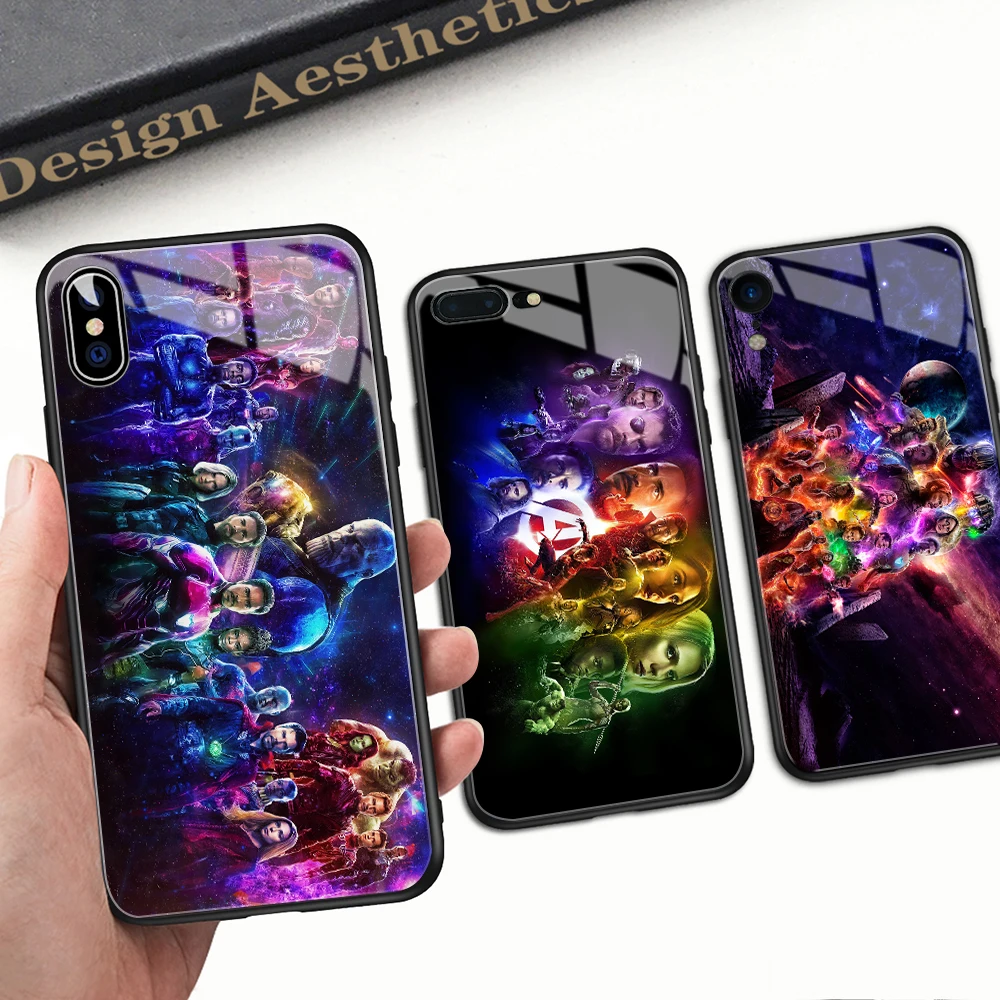 

Phone Case for iPhone xs max Glass Case Marvel Super heros Hard Back Cover for iPhone 6 6s 7 8 plus X XR XS Max 11 pro max
