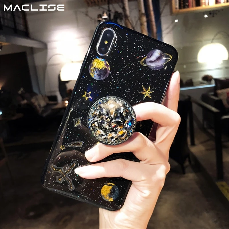 

Cute Space Planet Bling Diamond Airbag Bracket Luxury capa Soft Case Cover For iphone X XS MAX XR 6 6S PLUS 7 8 PLUS Case