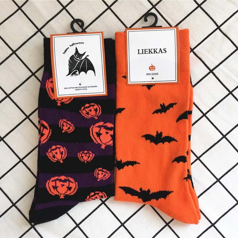 Bats Pumpkin Cartoon Socks Men Knee-High Socks Halloween Cosplay Cotton Crew Socks Spring Autumn Casual Socks