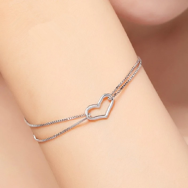 

Double Fair Simple Style Double Layer Sweet Love Heart Charm Chain White Gold Color Bracelet For Women Fashion Jewelry KBH204