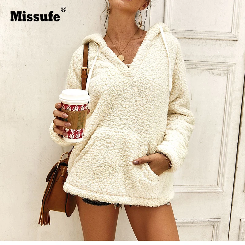 

Missufe Autumn Winter Women Hoodies Long Sleeve Sweatshirt Warm Soft V Neck Hoodies Casual Pullovers Loose Plush Soft Hooded Top