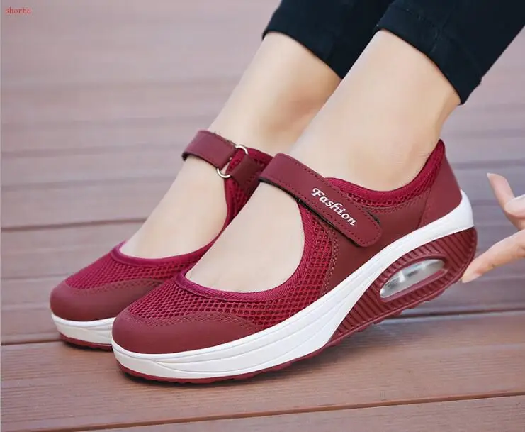 Summer Fashion Women Wedge Platform Shoes Woman Breathable Mesh Casual Shoes red Mesh breathable leisure Boat Shoes