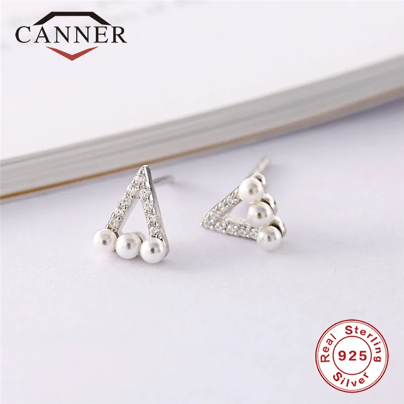 CANNER S925 Sterling Silver Fashion Temperament Imitation Pearls Triangle Zircon Stud Earring for Women Jewelry TH