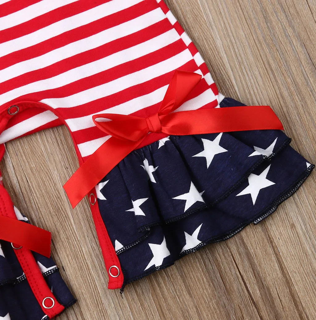 طفل الاطفال الطفل بنات مخطط نجمة كشكش متوهج رومبير بذلة يوليو من 4th الطفل الملابس طفلة رومبير روبا دي بيبي الصيف