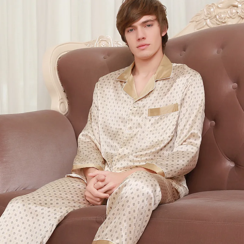 Men's Genuine Silk Pajamas 2020 New Fashion Printed 100% Silk Sleepwear Male Long Sleeve Pyjama Pants Two-Piece Sets 039 Men's Genuine Silk Pajamas 2020 New Fashion Printed 100% Silk Sleepwear Male Long Sleeve Pyjama Pants Two-Piece Sets 039