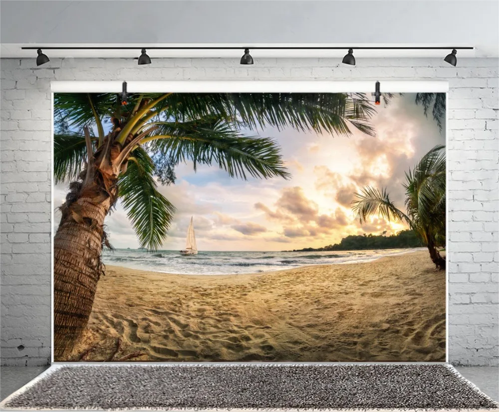 Laeacco Beach Tropical Palm Tree Scenic Portrait Photography Background Customized Photographic Backdrop For Photo Studio