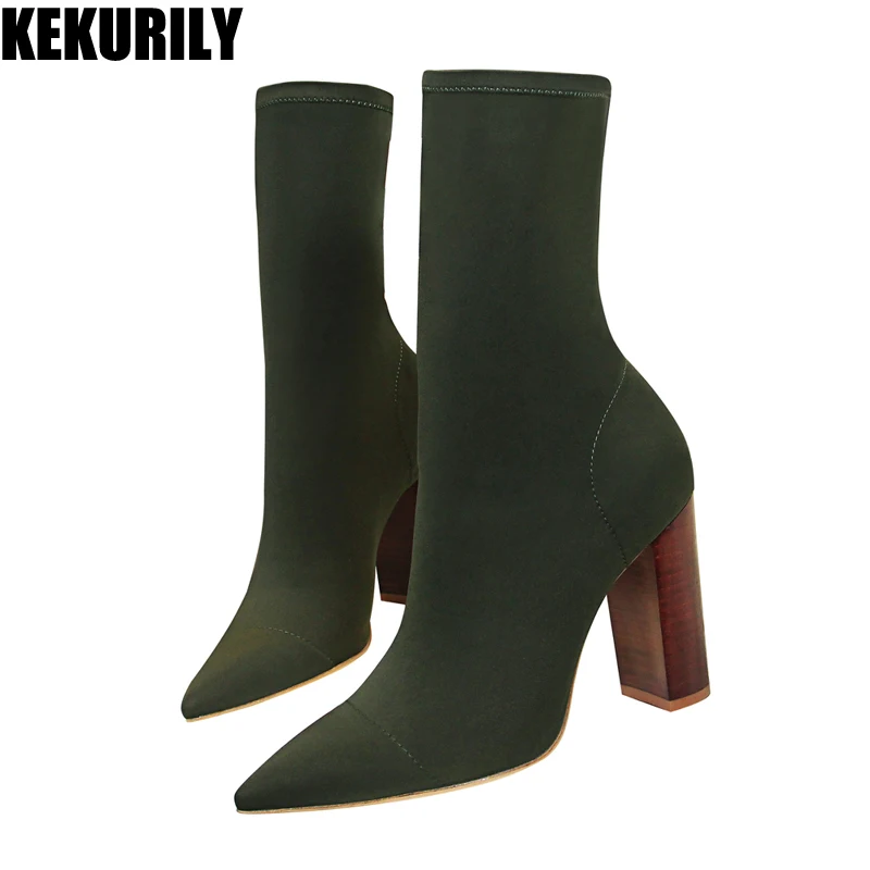 

Ladies Winter booties Designer Sock Boots Casual Chunky Heels Slip on Half boots for Women Zapatos de mujer black green Khaki