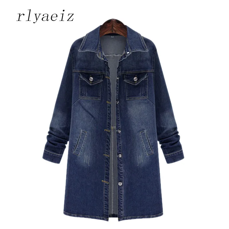 

RLYAEIZ Plus Size 5XL Womens Denim Coats 2017 Autumn Middle-long Denim Jacket Women High Quality Long Sleeve Loose Jackets Coats