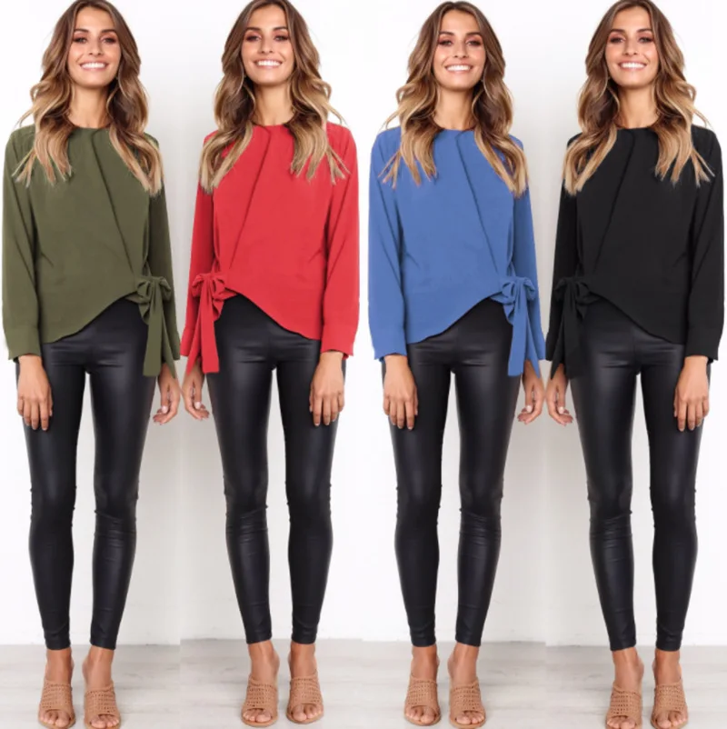 

Wontive New Womens Tops Fashion 2019 Women Spring Autumn Chiffon Bow Lace Up Blouse Long Sleeve Casual Shirt