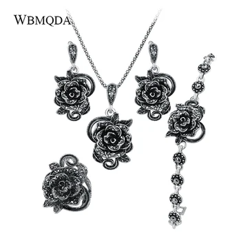 

4Pcs/lot Black Crystal Flower Rose Jewelry Sets Silver Color Bracelet Necklace Ring Earrings For Women Punk Gothic Bijoux