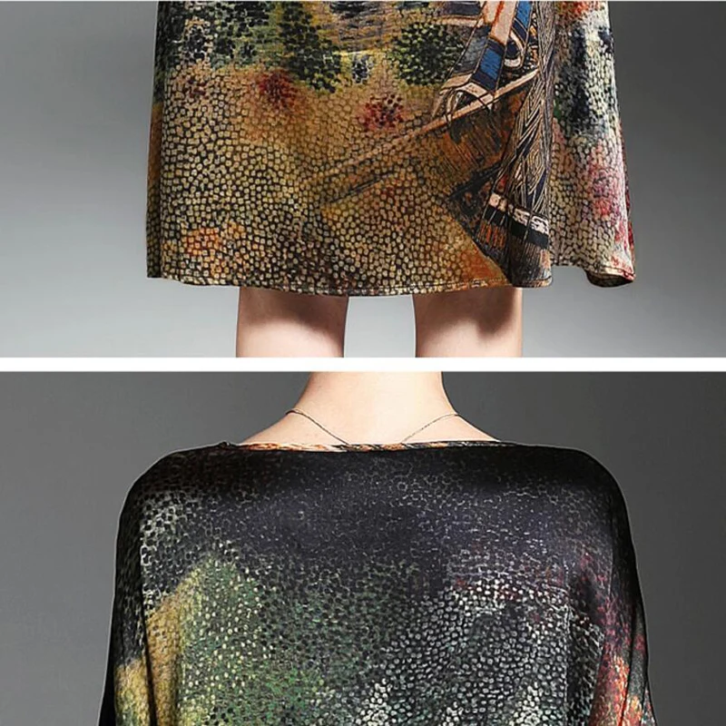 Vintage Ethnic Painting Design Dress Women Summer Half Sleeve Soft Silk Dresses Elegant Woman Brand Vestidos O-Neck Plus Size