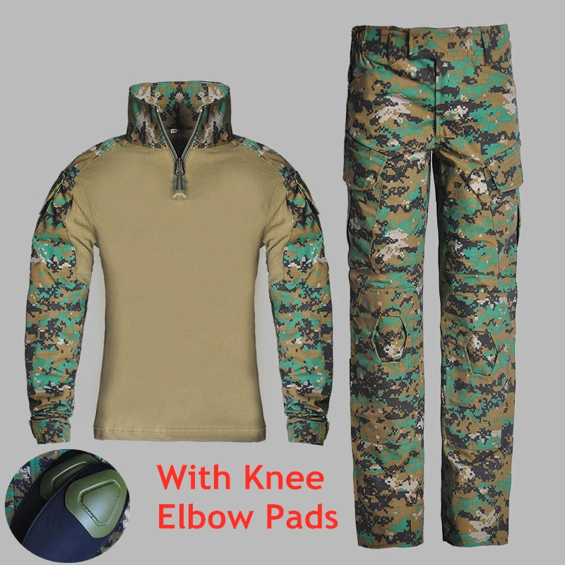 Детская камуфляжная тренировочная одежда, костюм для детей, для улицы, CS, поля, кемпинга, охоты, военная Боевая форма, тактическая рубашка, штаны - Цвет: Jungle With Pads