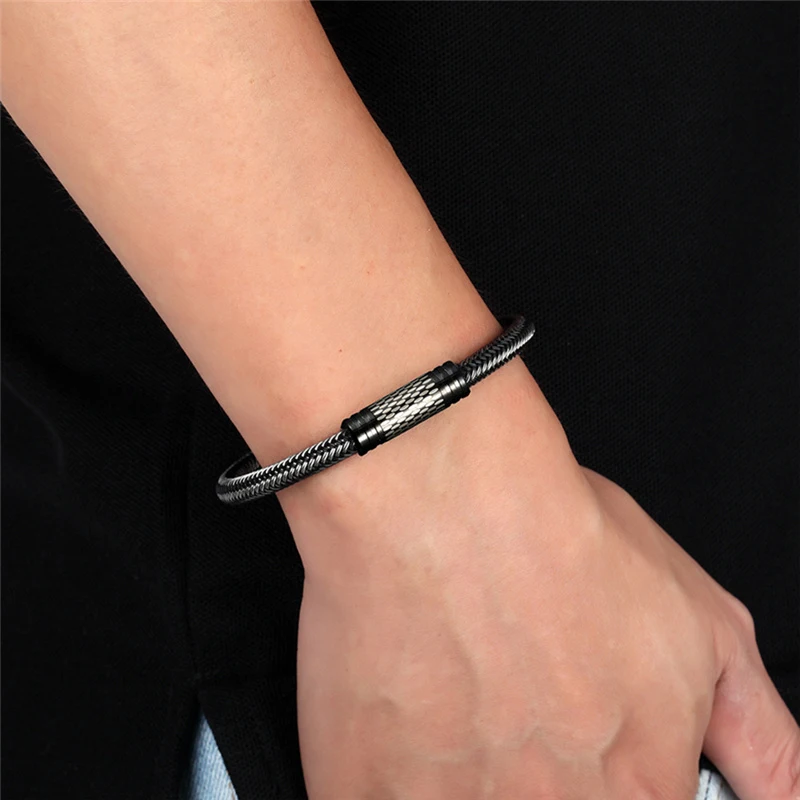 NEW Fashion Black and white Braided Steel Wire Bracelet Magnetic Buckle Simple Style Wristband Men Stainless Steel Bracelet Male