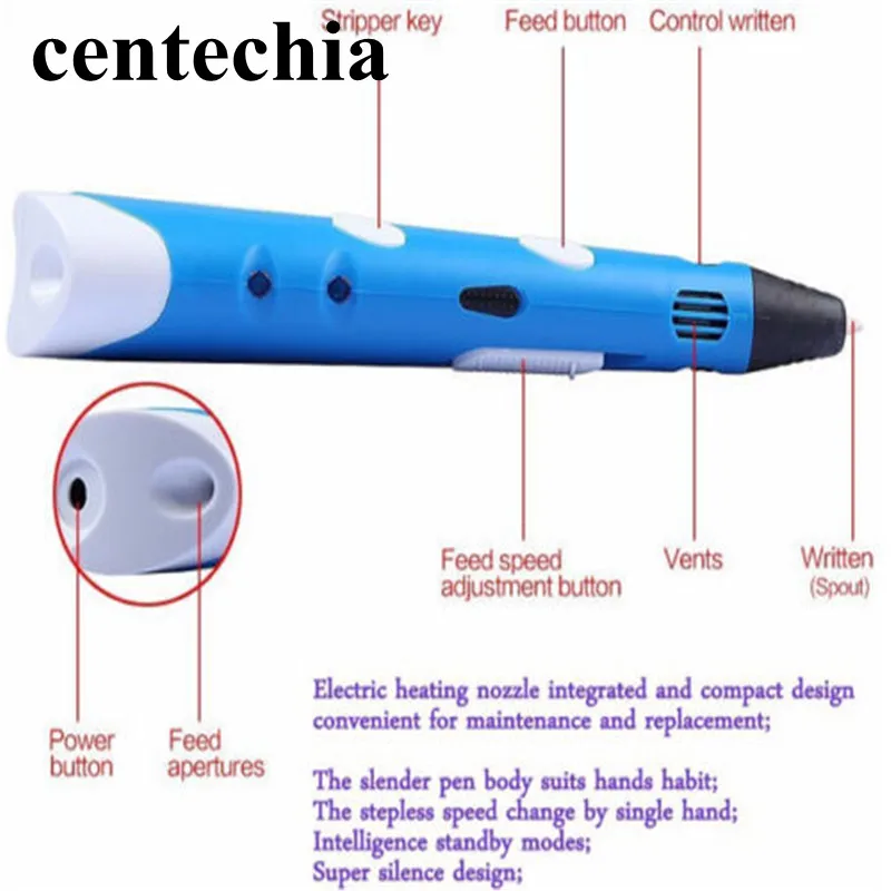 Centechia DIY 3D Ручка 3d принтер ручки для рисования лучший рождественский подарок на день рождения для детей с бесплатной ABS нити ЕС/США/Великобритания/AU Plug