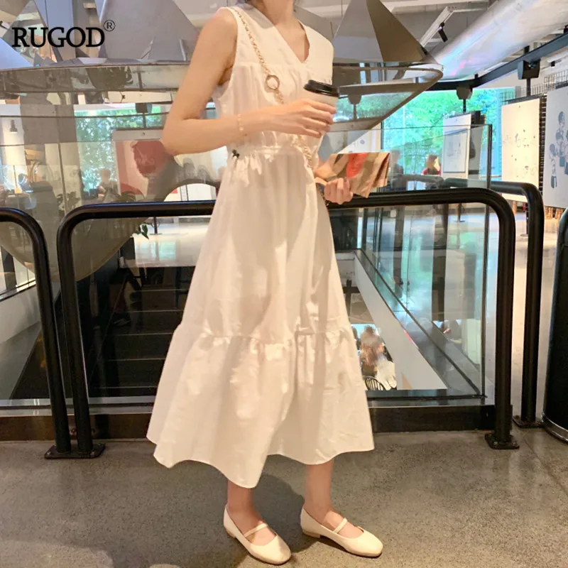 

RUGOD 2019 solid whte super fairy dresses sleeveless elegant lady sweet dresses straight casual lady