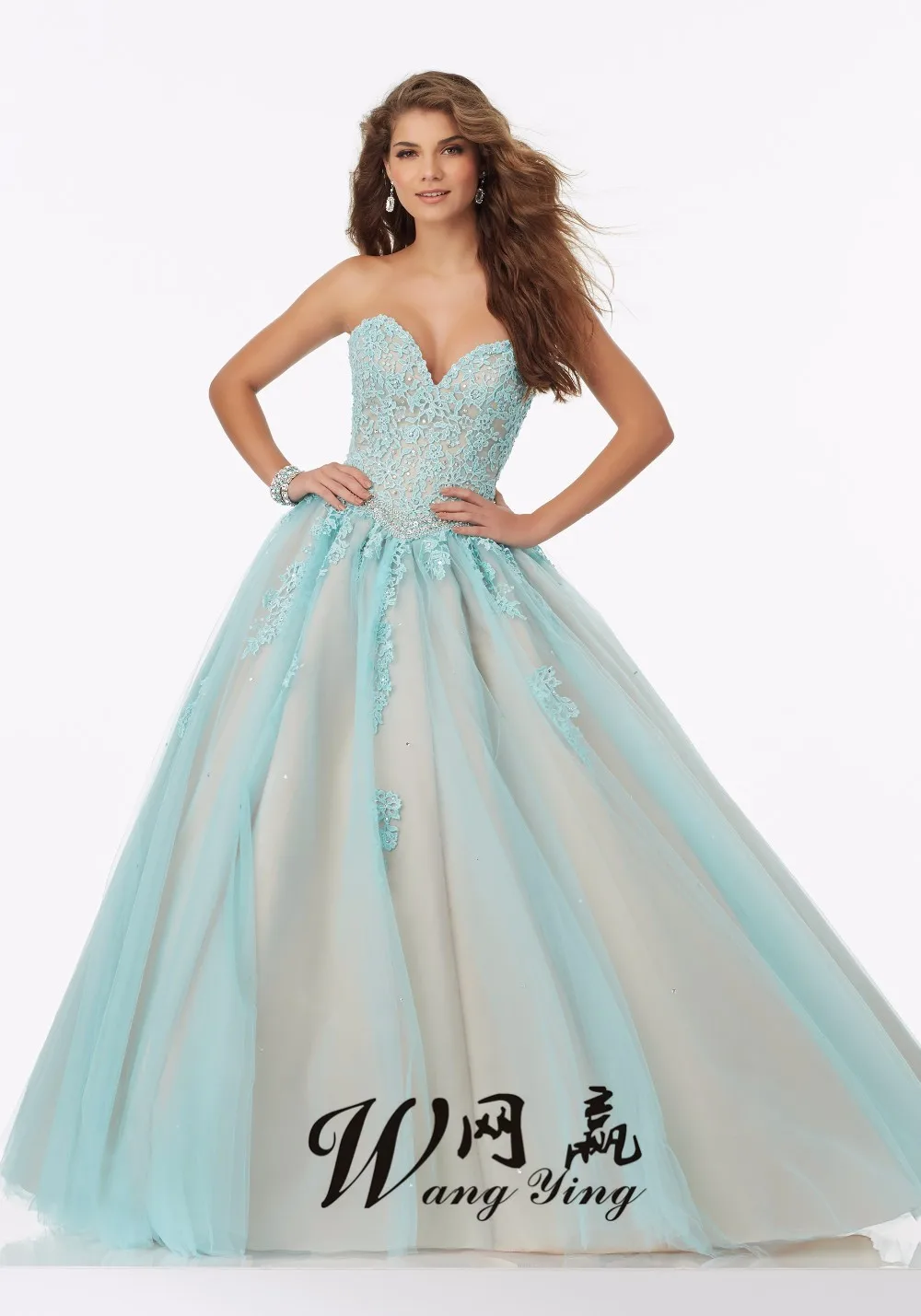White Aqua Nude Two Toned Ball Gown Prom Dresses 2017 Sweetheart Long Beaded Lace Corset Floor Length Long Prom Gowns Cheap