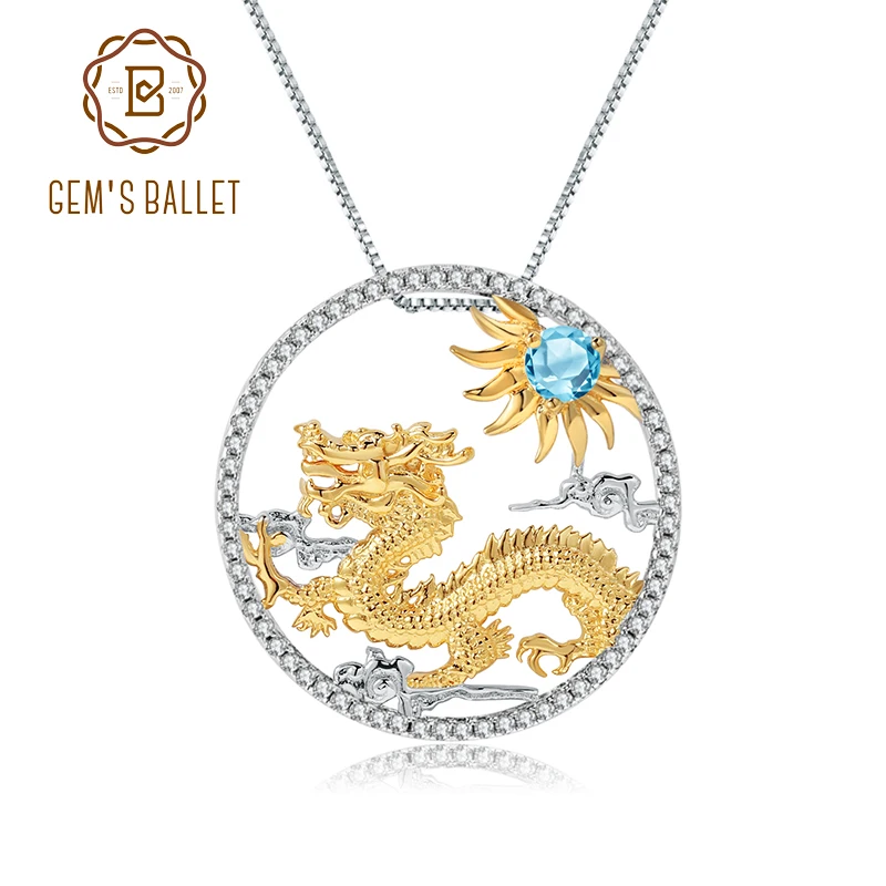 

GEM'S BALLET Natural Swiss Blue Topaz Chinese Zodiac Jewelry 925 Sterling Silver Handmade Dragon Pendant Necklace For Women