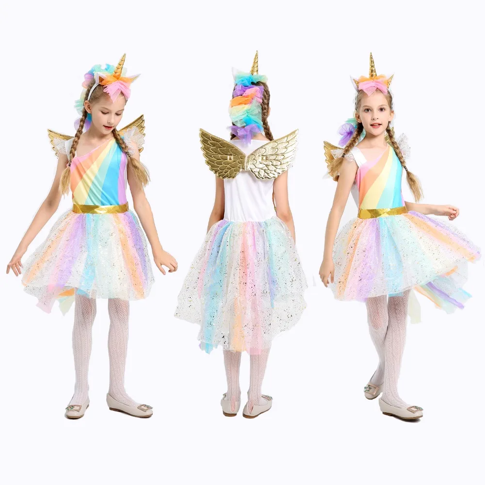 

Girl Unicorn Fancy Dress for kids Rainbow Sequined Tutu Wedding Party Dress with Hair Hoop Wings Set for Cosplay Costumes 5-12Y