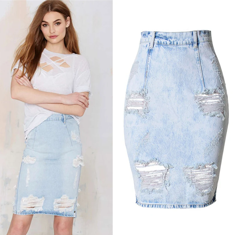 Женская джинсовая юбка длиной до колена с высокой талией, юбка-карандаш, женские юбки s Faldas Midi Estampadas Saia Jupe - Цвет: Синий