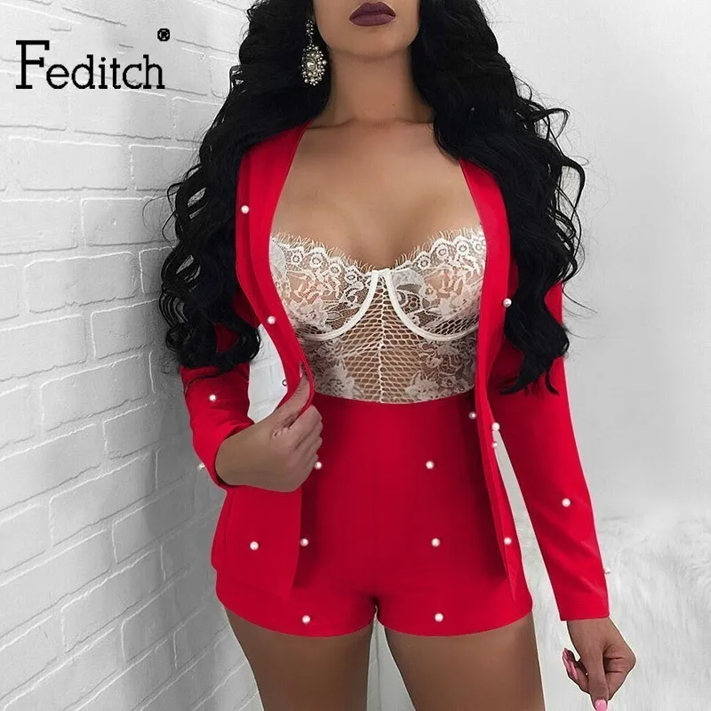 

Feditch Pearls Accent Women Office Suits Cardigan Blazer Coat And Shorts Slim Full Sleeve Two Piece Set Female Club Wear Outfits