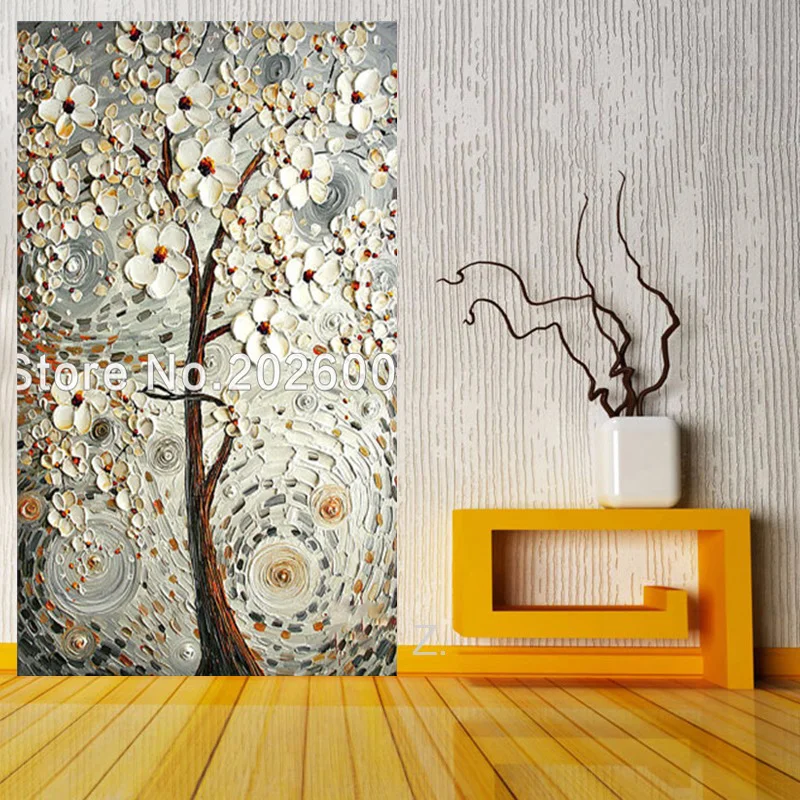 

Hand made Tree Painting Blooming Blossom ORIGINAL handmade Oil Heavy Palette Knife Texture art by Paula Nizamas Grey and White
