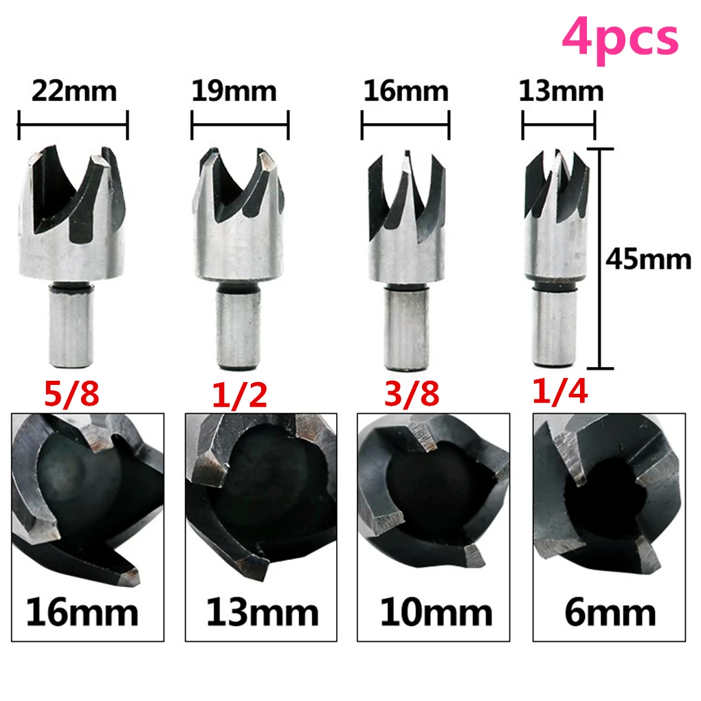 

4pcs Carbon Steel Wood Working Plug Cutters Drill Bit Claw Cork Drill Four-Tooth Tenon Plug Hole Cutter