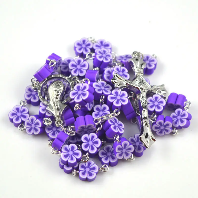 

Purple bead catholic rosary with flower polymer clay flat bead beautiful rosary