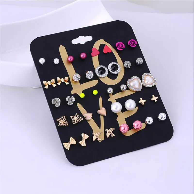 

2018 Fashion New 20 pair/set Lovely Crown Heart Butterfly Stud Earrings Girl Piercing Simulated Pearl Flower Earrings Gift