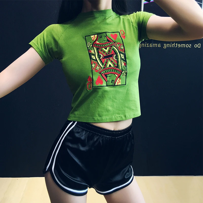 

Embroidery Character Graphic Card Stretch Cotton Crop Top Women Bandage Short Tee T Shirt Sexy T-Shirt Slim Cropped Cartoon Cami