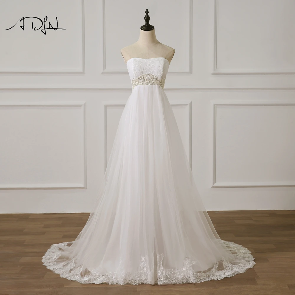 

ADLN Strapless Sleeveless Empire Wedding Dresses with Pearls Sweep Train Tulle vestidos de novia Plus Size Bride Gown