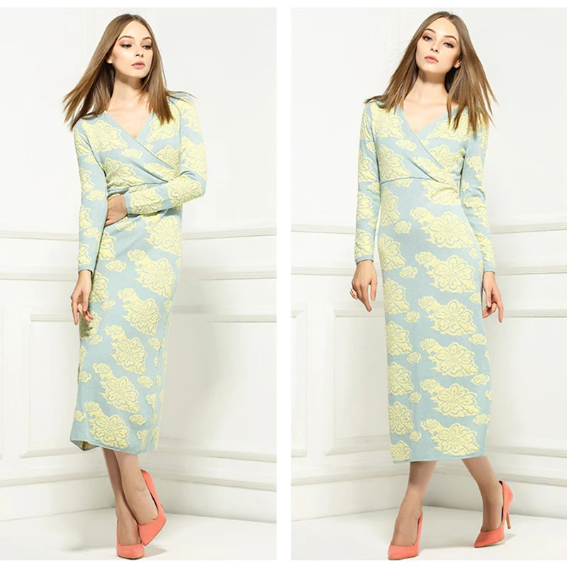 

SALE New Fashion 2018 Designer Dress Women's Long Sleeve Jacquard Knitting Sweater Dress
