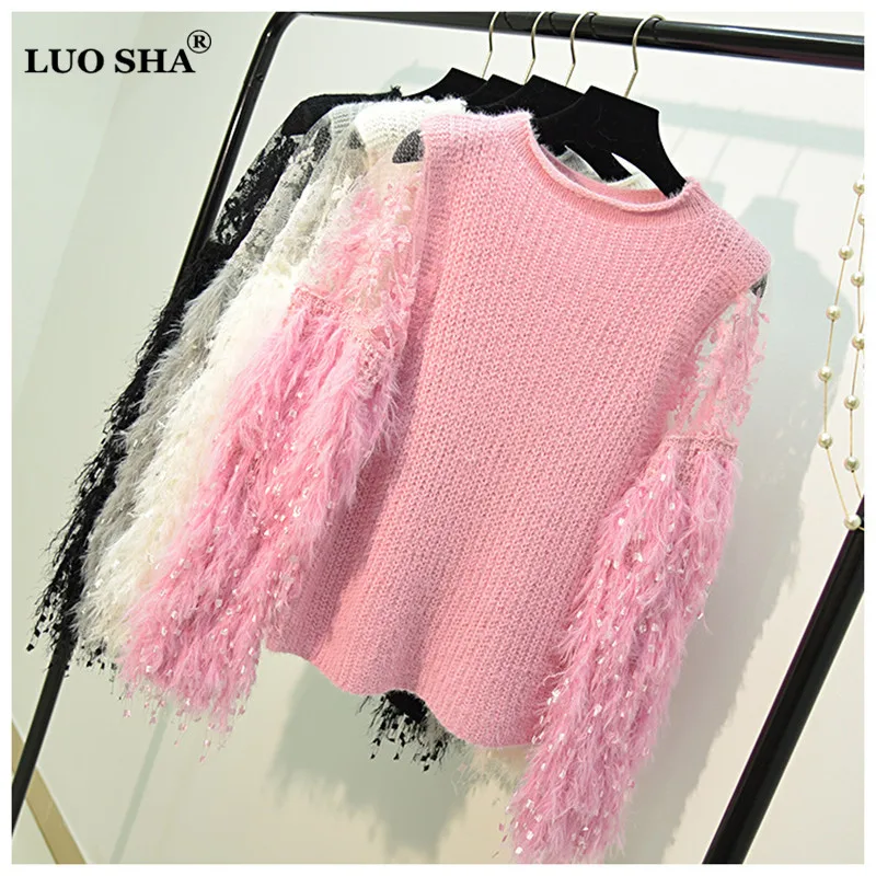 LUO SHA, корейские весенние костюмы для женщин, свитер с кисточками, длинный рукав, женский свитер, пуловеры, Женский сетчатый лоскутный свитер