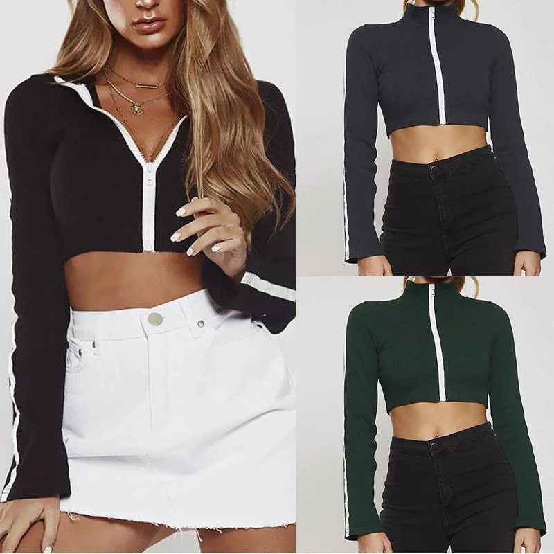 2019 Spring Autumn Zip Up Long Sleeve Crop Tops Sexy Women Casual Leotard Short T-Shirt Woman Fashion Streetwear Leisure Shirt