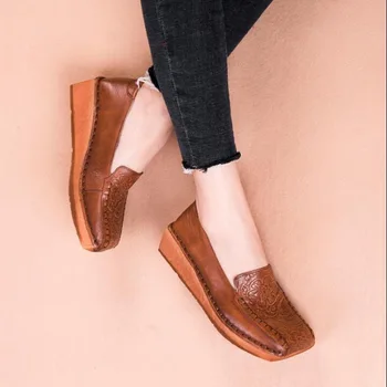 

New style Vintage Handmade Female Shoes Genuine Leather Women Flat Shoes Square Toe Solid Lady Flats