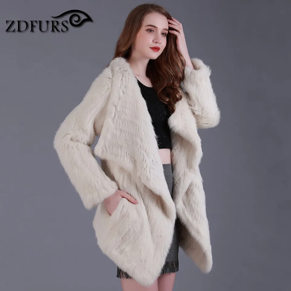 

ZDFURS * Genuine knitted Rabbit Fur Coat Fashion Women knit Rabbit Fur Jacket Winter Warm long Rabbit Fur Outwear ZDKR-165012
