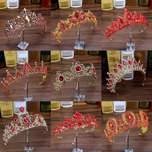 Diadema barroca europea para niña, Vinatge rojo de cristal y perlas, diadema nupcial, Tiara de princesa para niña, corona de boda de diamante de imitación, joyería para el cabello