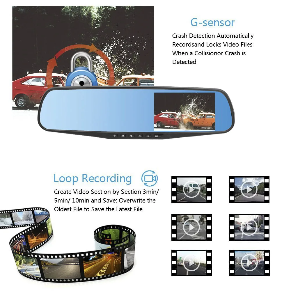 Car Dash Cam HGDO 4.3''Car DVR Dual Lens Camera Full HD 1080P Video Recorder Rearview Mirror Rear View Dash cam