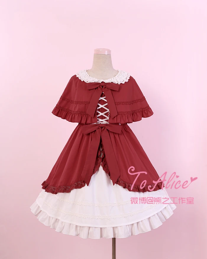 

Little Red Hat Fake 2PCS Dress Cute Women's Lolita OP Summer Short Sleeve Bubble Dress Front Open Princess One Piece